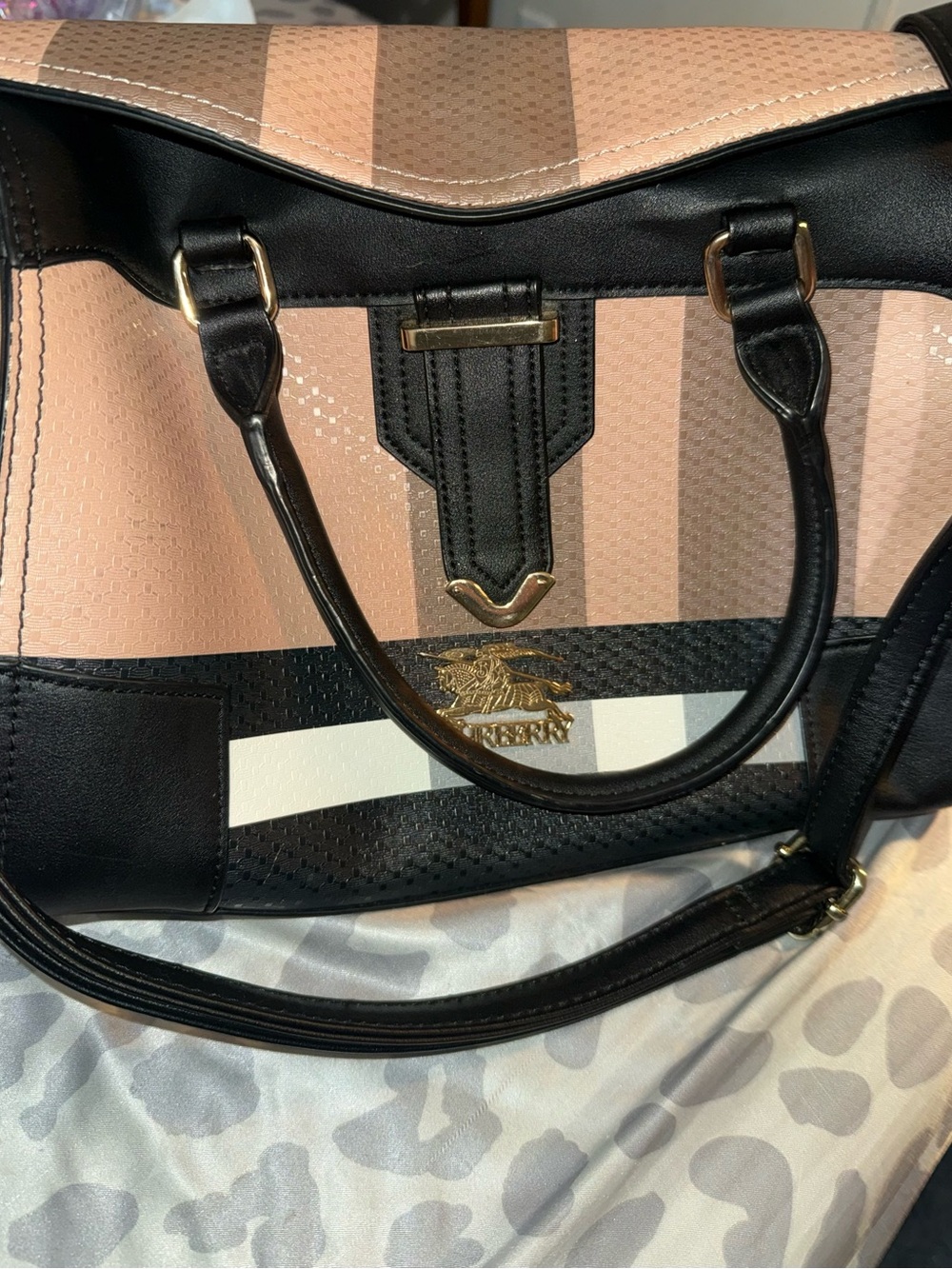 Burberry Pink and Black Striped Satchel with Gold Hardware